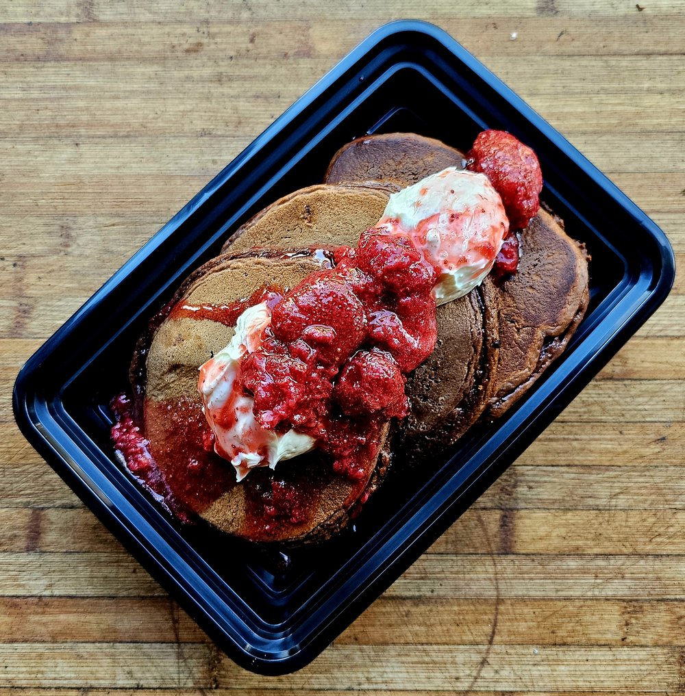 Double Chocolate Strawberry Cheesecake Protein Pancakes